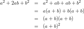 \begin{eqnarray*} a^2+2ab+b^2&=&a^2+ab+ab+b^2\\ &=&a(a+b)+b(a+b)\\ &=&(a+b)(a+b)\\ &=&(a+b)^2 \end{eqnarray*}