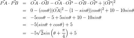 \begin{eqnarray*} \vec{PA}\cdot\vec{PB} &=& \vec{OA}\cdot\vec{OB}-\vec{OA}\cdot\vec{OP}-\vec{OB}\cdot\vec{OP}+|\vec{OP}|^{2} \\ &=& 0-(cos\theta)|\vec{OA}|^{2} - (1-sin\theta)|cos\theta|^{2} + 10 - 10sin\theta \\ &=& -5cos\theta-5+5sin\theta+10-10sin\theta \\ &=& -5(sin\theta+cos\theta) + 5 \\ &=& -5\sqrt{2} sin \left (\theta+\frac{\pi}{4}\right)+5 \end{eqnarray*}