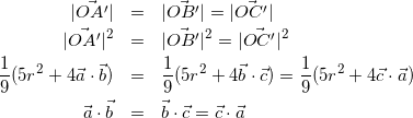 \begin{eqnarray*} |\vec{OA'}|&=&|\vec{OB'}|=|\vec{OC'}|\\ |\vec{OA'}|^2&=&|\vec{OB'}|^2=|\vec{OC'}|^2\\ \frac{1}{9}(5r^2+4\vec{a}\cdot\vec{b})&=&\frac{1}{9}(5r^2+4\vec{b}\cdot\vec{c})=\frac{1}{9}(5r^2+4\vec{c}\cdot\vec{a})\\ \vec{a}\cdot\vec{b}&=&\vec{b}\cdot\vec{c}=\vec{c}\cdot\vec{a} \end{eqnarray*}