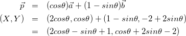 \begin{eqnarray*} \vec{p}&=&(cos\theta)\vec{a}+(1-sin\theta)\vec{b} \\ (X,Y)&=&(2cos\theta, cos\theta)+(1-sin\theta, -2+2sin\theta) \\ &=&(2cos\theta-sin\theta+1, cos\theta+2sin\theta-2) \end{eqnarray*}