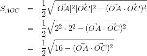 \begin{eqnarray*} S_{AOC}&=&\frac{1}{2}\sqrt{|\vec{OA}|^2|\vec{OC}|^2-(\vec{OA}\cdot\vec{OC})^2}\\ &=&\frac{1}{2}\sqrt{2^2\cdot2^2-(\vec{OA}\cdot\vec{OC})^2}\\ &=&\frac{1}{2}\sqrt{16-(\vec{OA}\cdot\vec{OC})^2} \end{eqnarray*}