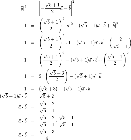 \begin{eqnarray*} |\vec{y}|^2&=&\left|-\frac{\sqrt{5}+1}{2}\vec{a}+\vec{b}\right|^2\\ 1&=&\left(\frac{\sqrt{5}+1}{2}\right)^2|\vec{a}|^2-(\sqrt{5}+1)\vec{a}\cdot\vec{b}+|\vec{b}|^2\\ 1&=&\left(\frac{\sqrt{5}+1}{2}\right)^2\cdot1-(\sqrt{5}+1)\vec{a}\cdot\vec{b}+\left(\frac{2}{\sqrt{5}-1}\right)\\ 1&=&\left(\frac{\sqrt{5}+1}{2}\right)^2-(\sqrt{5}+1)\vec{a}\cdot\vec{b}+\left(\frac{\sqrt{5}+1}{2}\right)^2\\ 1&=&2\cdot\left(\frac{\sqrt{5}+3}{2}\right)-(\sqrt{5}+1)\vec{a}\cdot\vec{b}\\ 1&=&(\sqrt{5}+3)-(\sqrt{5}+1)\vec{a}\cdot\vec{b}\\ (\sqrt{5}+1)\vec{a}\cdot\vec{b}&=&\sqrt{5}+2\\ \vec{a}\cdot\vec{b}&=&\frac{\sqrt{5}+2}{\sqrt{5}+1}\\ \vec{a}\cdot\vec{b}&=&\frac{\sqrt{5}+2}{\sqrt{5}+1}\cdot\frac{\sqrt{5}-1}{\sqrt{5}-1}\\ \vec{a}\cdot\vec{b}&=&\frac{\sqrt{5}+3}{4} \end{eqnarray*}